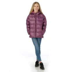 Patagonia Youth Hi-Loft Down Sweater Hoody - Youth -Obermeyer Store fw2324 patagonia youthhiloftdownsweaterhoody nightplum buck model 2